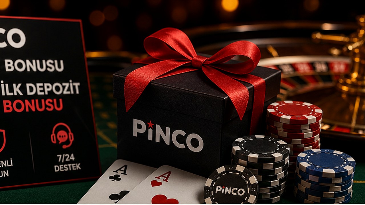 Pinco için bonuslar, hoş geldin teklifi, poker fişleri ve rulet atmosferini gösteren yatay görsel
